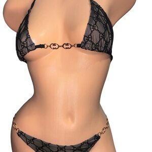 Gg Black lace Bikini with Gold chain